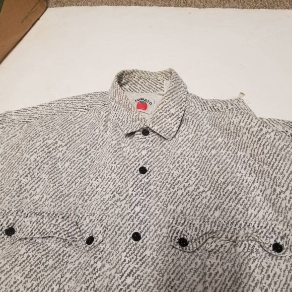 Tomato Mens Button Front Shirt Gray White Handwriting 100% Cotton Vintage XL - Picture 8 of 12
